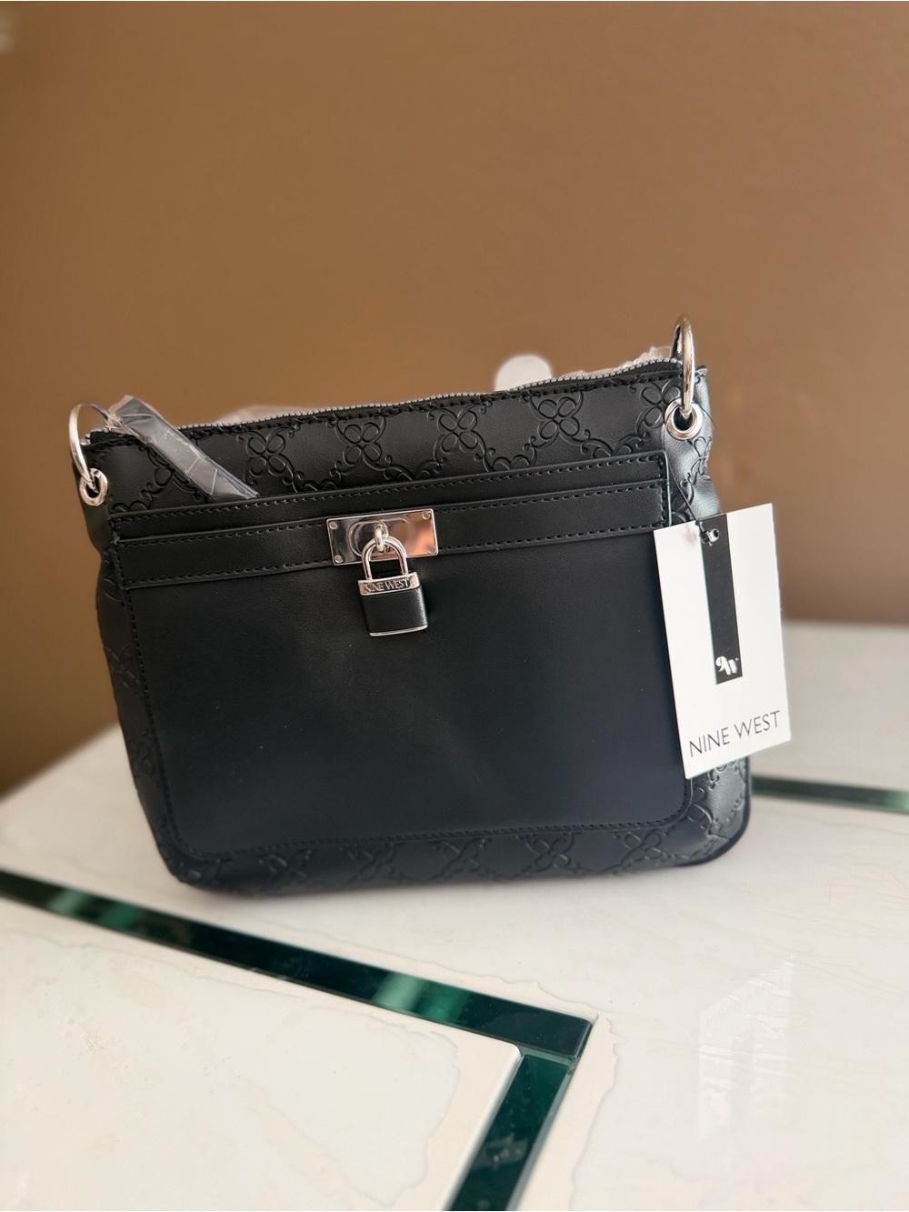Nine West Black Quilted-Trim Crossbody with Silver Lock
